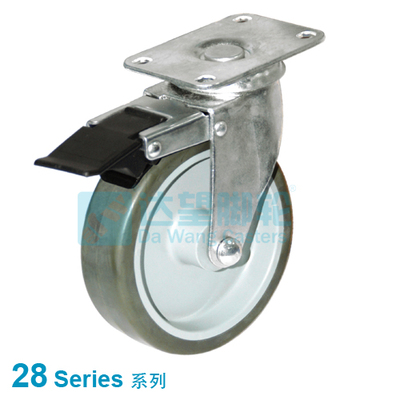 DW28 系列 4"(102mm) 灰色PU包灰色PP轮 平底活动带分体全刹脚轮