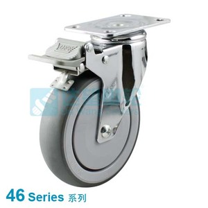 DW46 系列 6"(150mm) 深灰色TPR包灰色PP雙踏板醫用輪 平底活動帶一體全剎腳輪 
