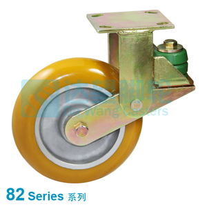DW 82 系列 6" (152mm)黃色圓頂 PU 包鋁芯輪（75A-85A）平底固定防震腳輪（PU彈簧）