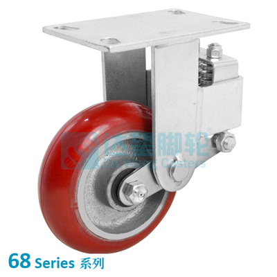 DW68 系列 6"(152mm) 红色圆顶 PU包生铁防震轮 镀白锌平底固定脚轮