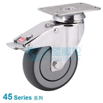 DW45 系列 3"(76mm) 深灰色TPR包灰色PP轮 平底活动带一体全刹脚轮 